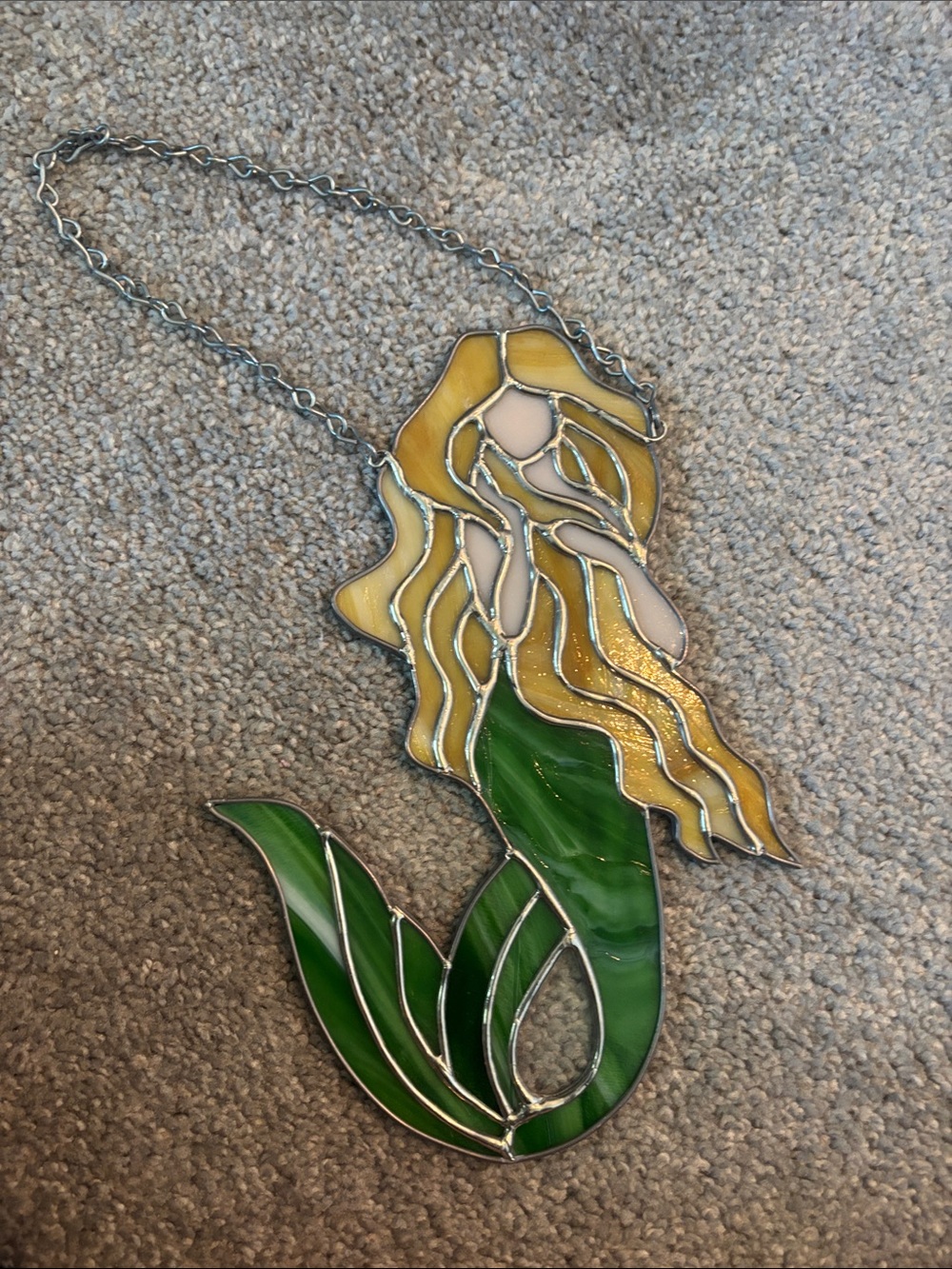 Stained Glass Mermaid Wall Hanging - Yellow Hair, Green Tail